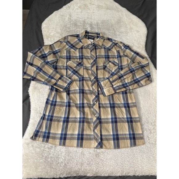 Wrangler Pearl Snap Western Long Sleeve Plaid Shirt Tan Size XLT Tall Cowboy - Picture 1 of 7